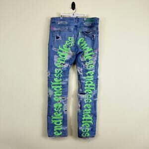Endless Denim Neon Green OG Distressed Denim Jeans Authentic Size 36